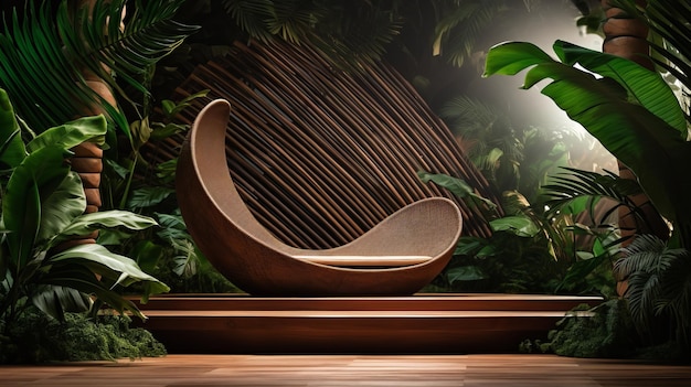 Un canapé moderne en bois se tient sur une plate-forme parmi les plantes avec de grandes feuilles vertes AI générative