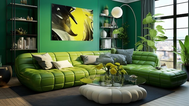 Un canapé modulaire vert vibrant dans un intérieur de style éclectique