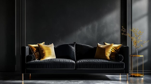 Photo un canapé noir avec des oreillers en or et un fond noir avec un fond noir