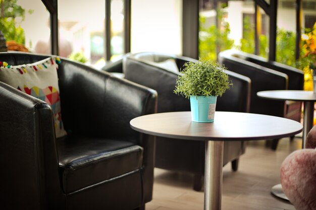 canapé noir et table en bois cercle