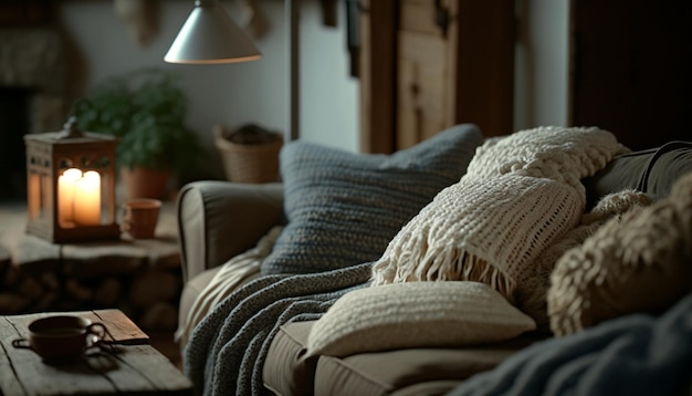 Un canapé avec des oreillers et une lampe sur la table