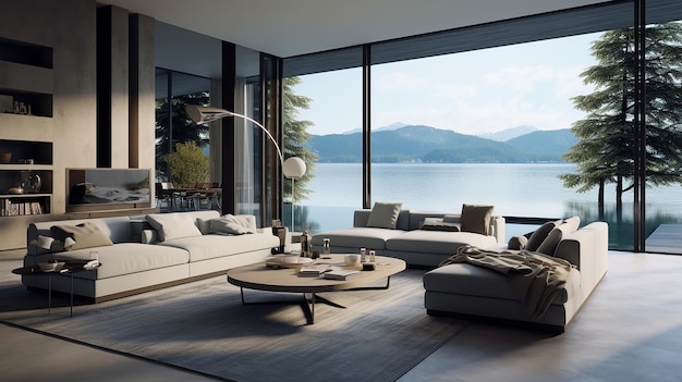 Canapé sur plancher de bois d'un grand salon dans une maison moderne ou un hôtel de luxe Intérieur de maison minimale 3d