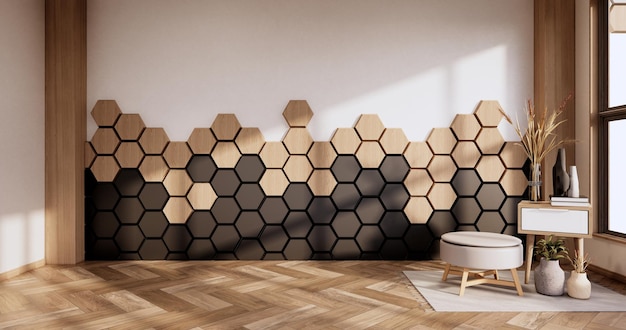 Canapé et plantes de décoration, carreaux hexagonaux en bois et noir sur mur Chambre moderne rendu minimaliste.3D