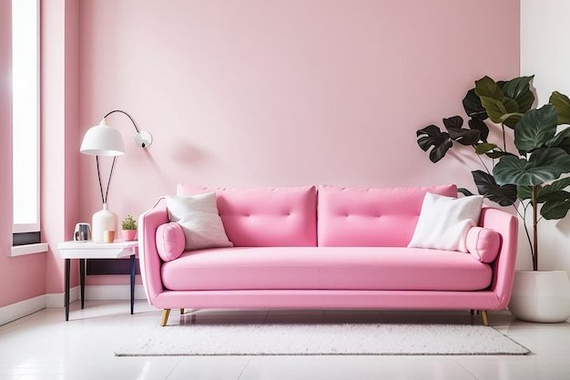 Canapé rose dans le salon blanc avec espace de copie