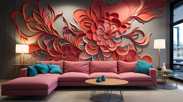 un canapé rose avec un grand dessin de fleurs sur le mur.