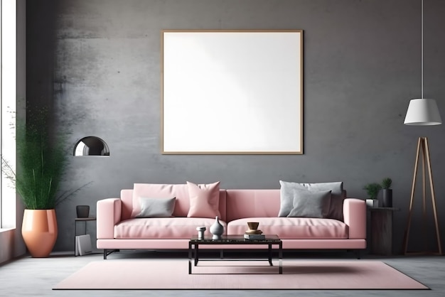 Un canapé rose avec une grande image encadrée accrochée au mur.