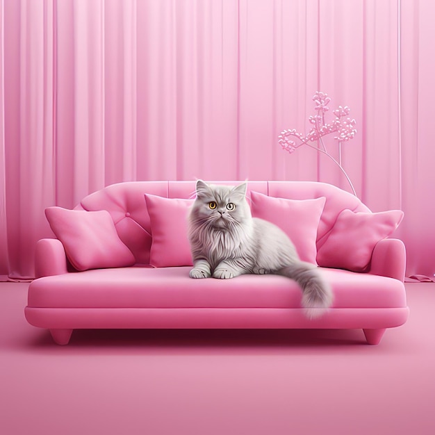 Un canapé rose avec un mignon chat au-dessus