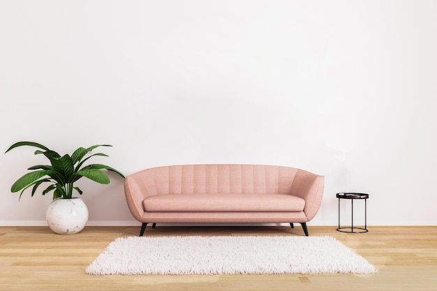 Canapé rose avec table à café noire et plante dans un salon lumineux avec un mur blanc et un sol en bois Salon pour maquette Salon lumineux rendu 3D intérieur de salon Design intérieur xA