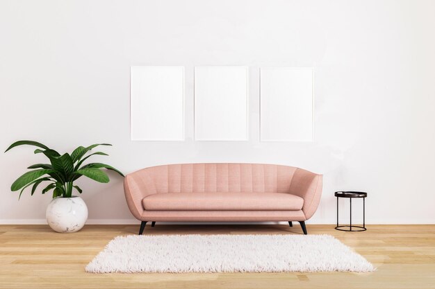 Un canapé rose avec une table à café noire et une plante dans un salon lumineux avec un mur blanc et un sol en bois