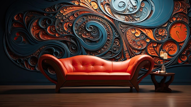 Photo un canapé rouge avec un canapé en cuir rouge et un grand tourbillon orange et bleu sur le mur.