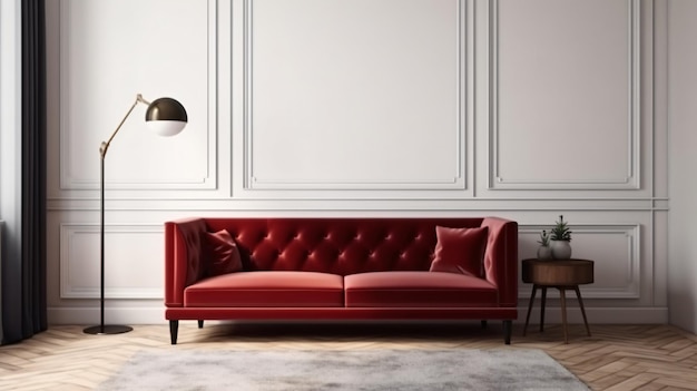 Un canapé rouge dans un salon avec un mur blanc derrière.