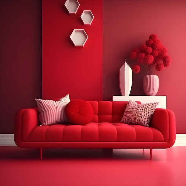 Un canapé rouge dans un salon avec un vase sur la table.