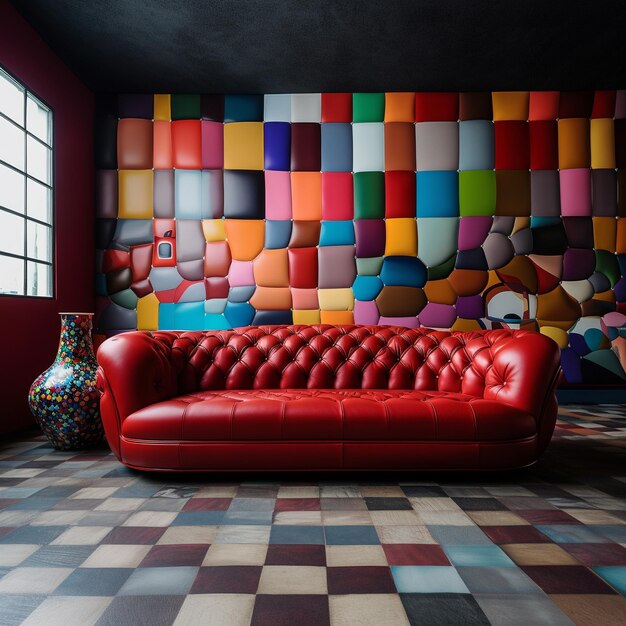 un canapé rouge avec un mur de mosaïque colorée derrière lui