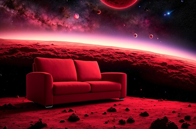 Un canapé rouge se dresse sur une planète inhabitée dans l'espace sur fond de paysage cosmique Generative AI