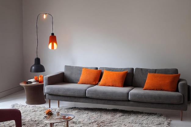 Canapé scandinave sur fond de mur de béton vide dans un salon confortable sans personne