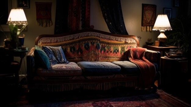 canapé de style bohémien avec un éclairage doux et chaud