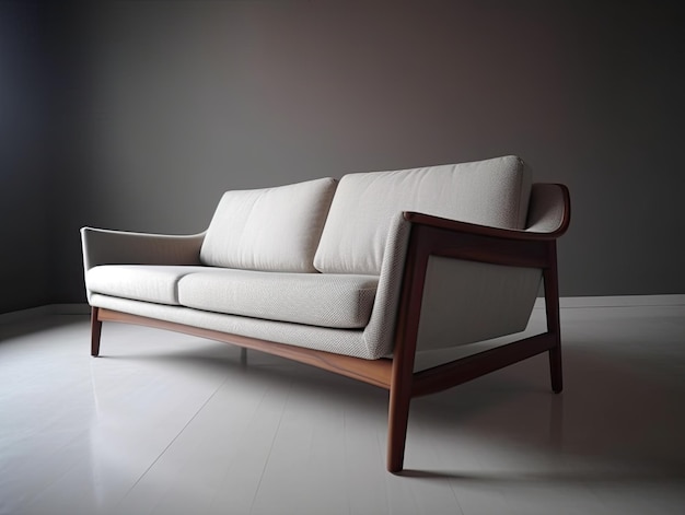 Un canapé de style scandinave simple et confortable avec des coussins et des oreillers doux sur un fond gris blanc