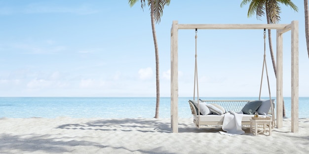 Photo canapé suspendu sur la plage de sable avec vue sur la mer et les palmiers