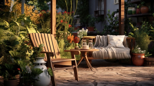 Un canapé sur une terrasse en bois