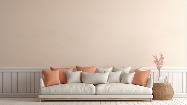 Canapé en tissu avec coussins blancs et terre cuite Design d'intérieur de maison de campagne française