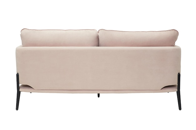 Canapé en tissu rose moderne avec pieds noirs isolé sur fond blanc vue arrière