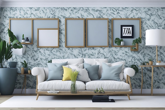 canapé de toile de fond intérieur de salon avec cadre photo décoratif sur le mur design d'intérieur de maison