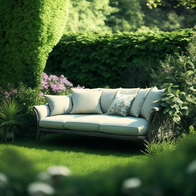 Un canapé vert dans le jardin et beaucoup de fleurs