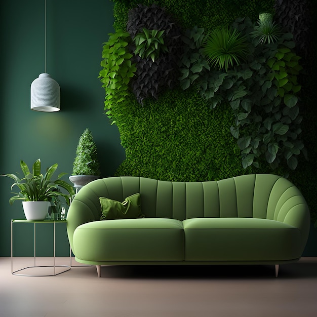 Un canapé vert dans un salon avec un mur végétal derrière.