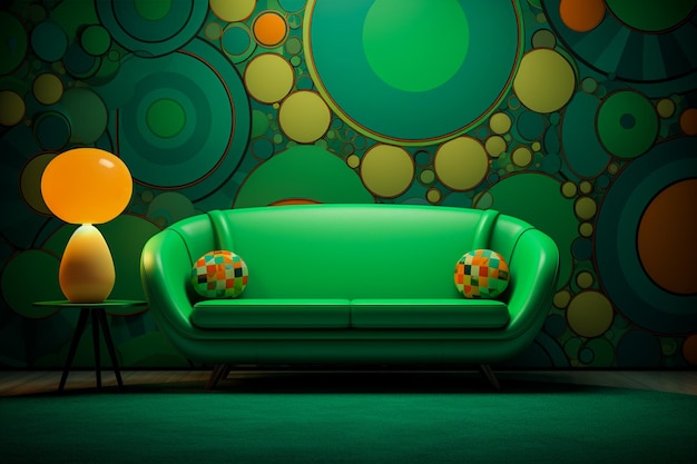 canapé vert devant le mur à motifs de cercle coloré salon de style vintage généré par l'IA