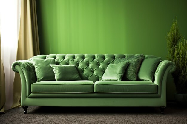 Photo canapé vert avec oreiller près de la lampe de sol métallique moderne ia générative