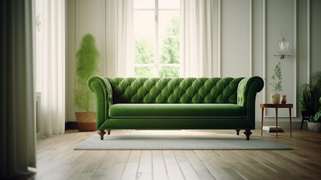 Canapé vert avec table sur mur blanc et parquet AI générative