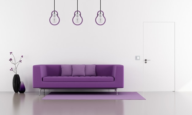 Canapé violet dans un salon blanc minimaliste