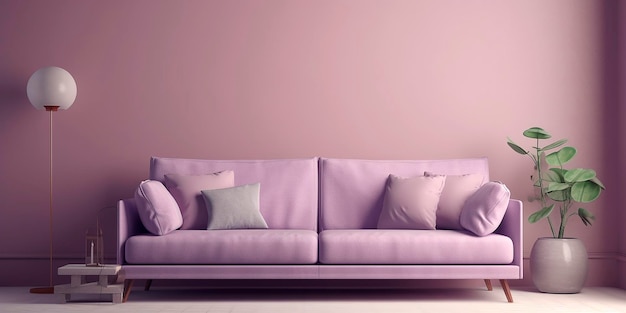 Canapé violet doux sur fond de couleur unie Illustration 3D Détail intérieur minimaliste moderne