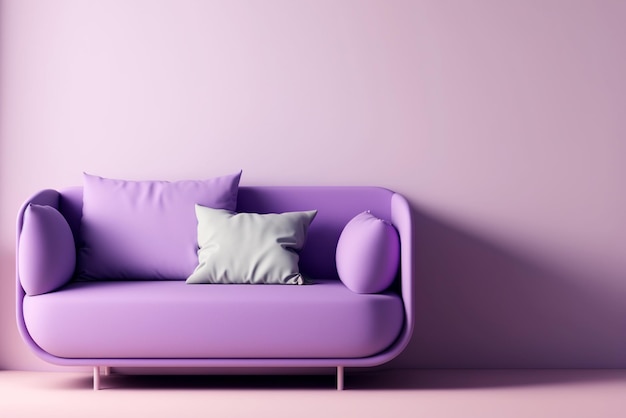 Canapé violet doux sur fond violet Illustration 3D Image générée par AI Détail intérieur de salon minimaliste moderne Cosiness médias sociaux et concept de vente idée de publicité créative