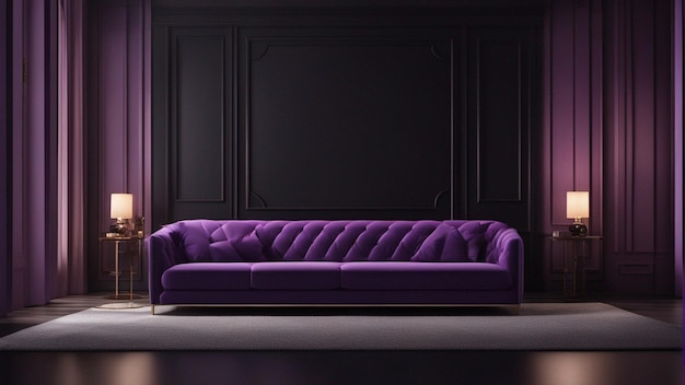 Un canapé violet hyper réaliste avec fond de mur noir 8k