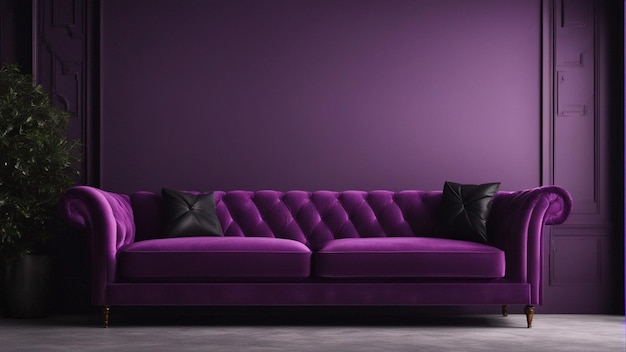 Un canapé violet hyper réaliste avec fond de mur noir 8k
