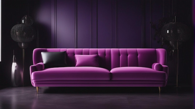 Un canapé violet hyper réaliste avec fond de mur noir 8k