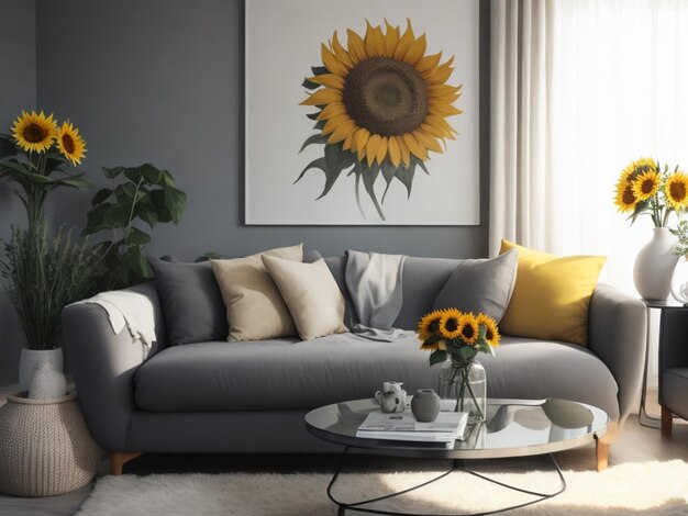 Canapés gris confortables et vase avec de beaux tournesols à l'intérieur du salon lumineux