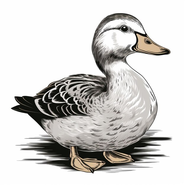 canard arafé avec un corps blanc et des ailes et des pieds noirs