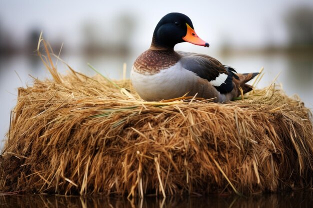 Un canard assis sur une balle de foin ronde près d'un étang