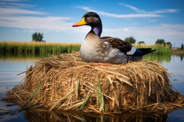 Un canard assis sur une balle de foin ronde près d'un étang