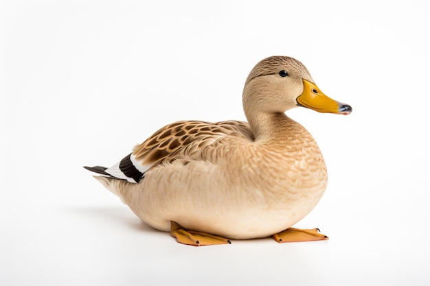 un canard assis sur une surface blanche avec un fond blanc