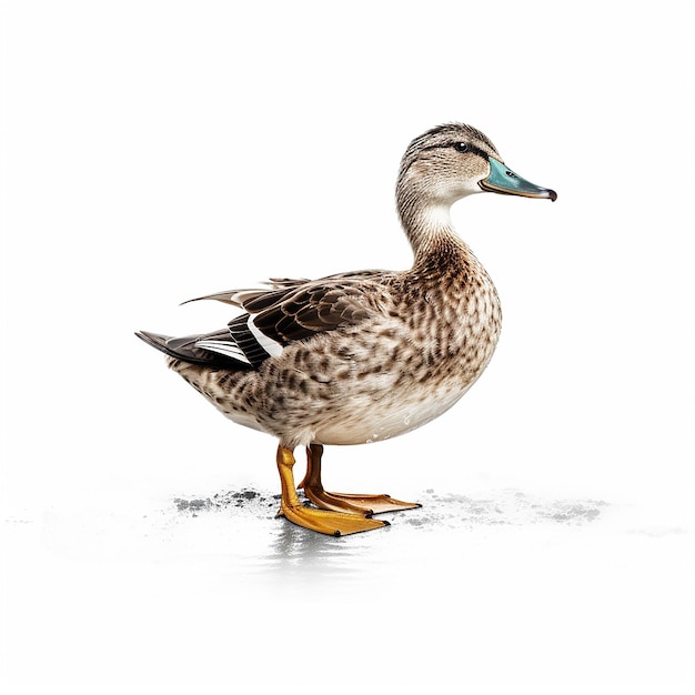 Un canard au bec bleu et aux pattes jaunes se dresse sur la neige.