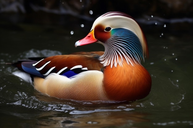 Un canard au bec rouge nage dans un étang.