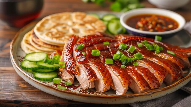 Canard au Pékin rôti traditionnel servi avec des crêpes, des concombres frais, des écureuils et de la sauce hoisin