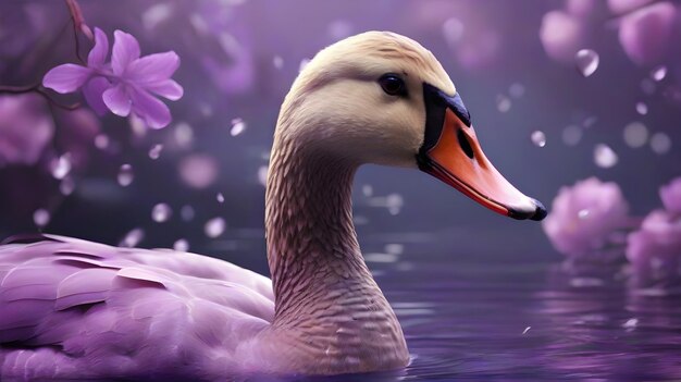 Photo un canard avec un bec violet et une fleur en arrière-plan