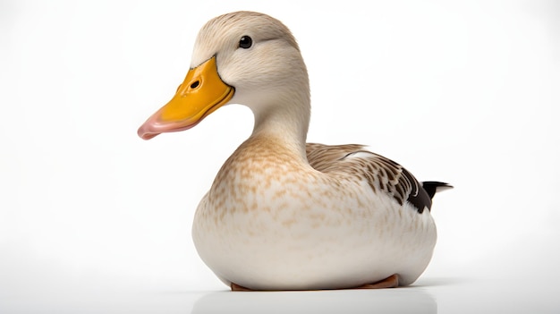 Un canard blanc et brun assis sur un fond blanc