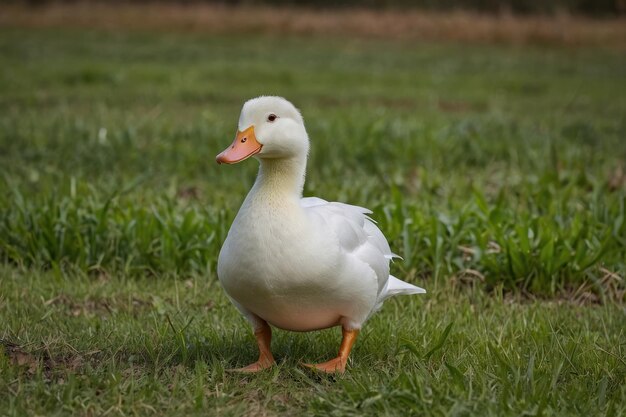 un canard blanc debout dans un champ