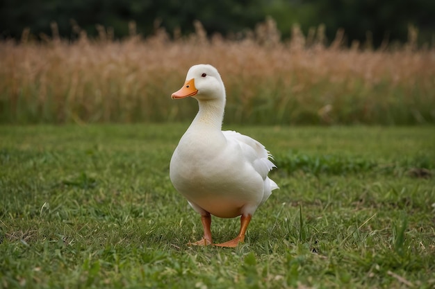 un canard blanc debout dans un champ