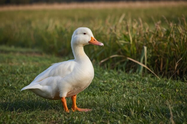 un canard blanc debout dans un champ